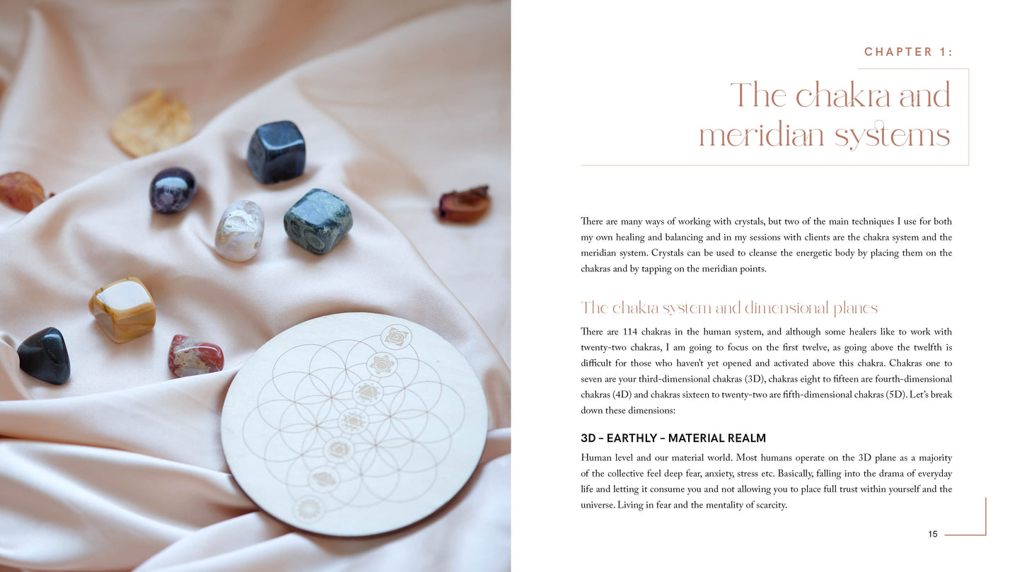 Gems and a crystal on a soft fabric background with text about chakras and meridians.