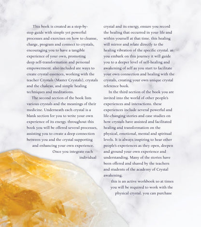 Text on a white background with a crystal image at the bottom