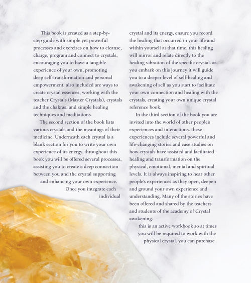 Text on a white background with a crystal image at the bottom