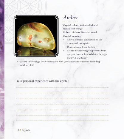 Informational page about amber crystals with a picture of an amber stone on a white background.
