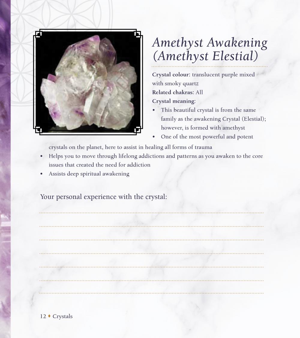 Amethyst crystal with descriptive text on a white background