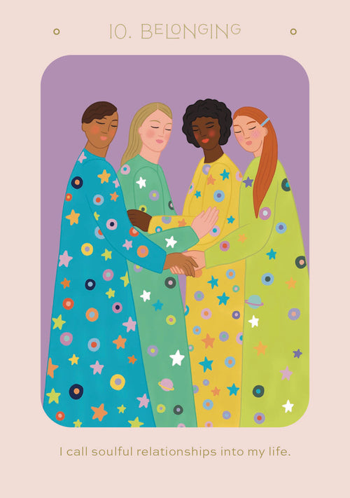 Illustration of four people in colorful outfits with a purple background and text about soulful relationships.