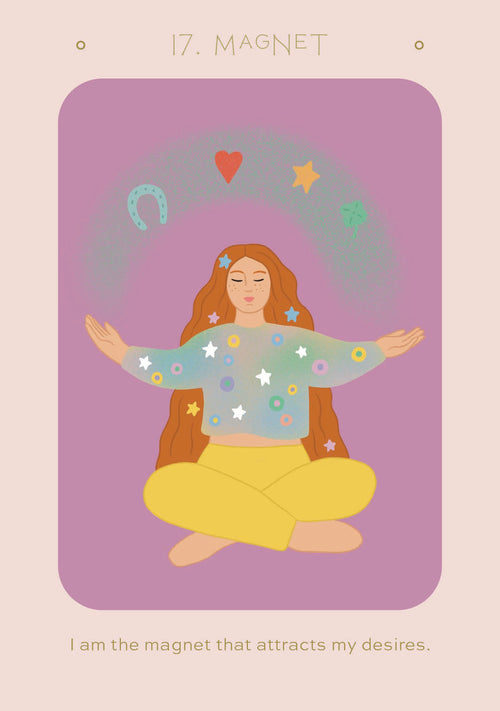 Illustration of a person meditating with a heart and energy symbols on a purple background.