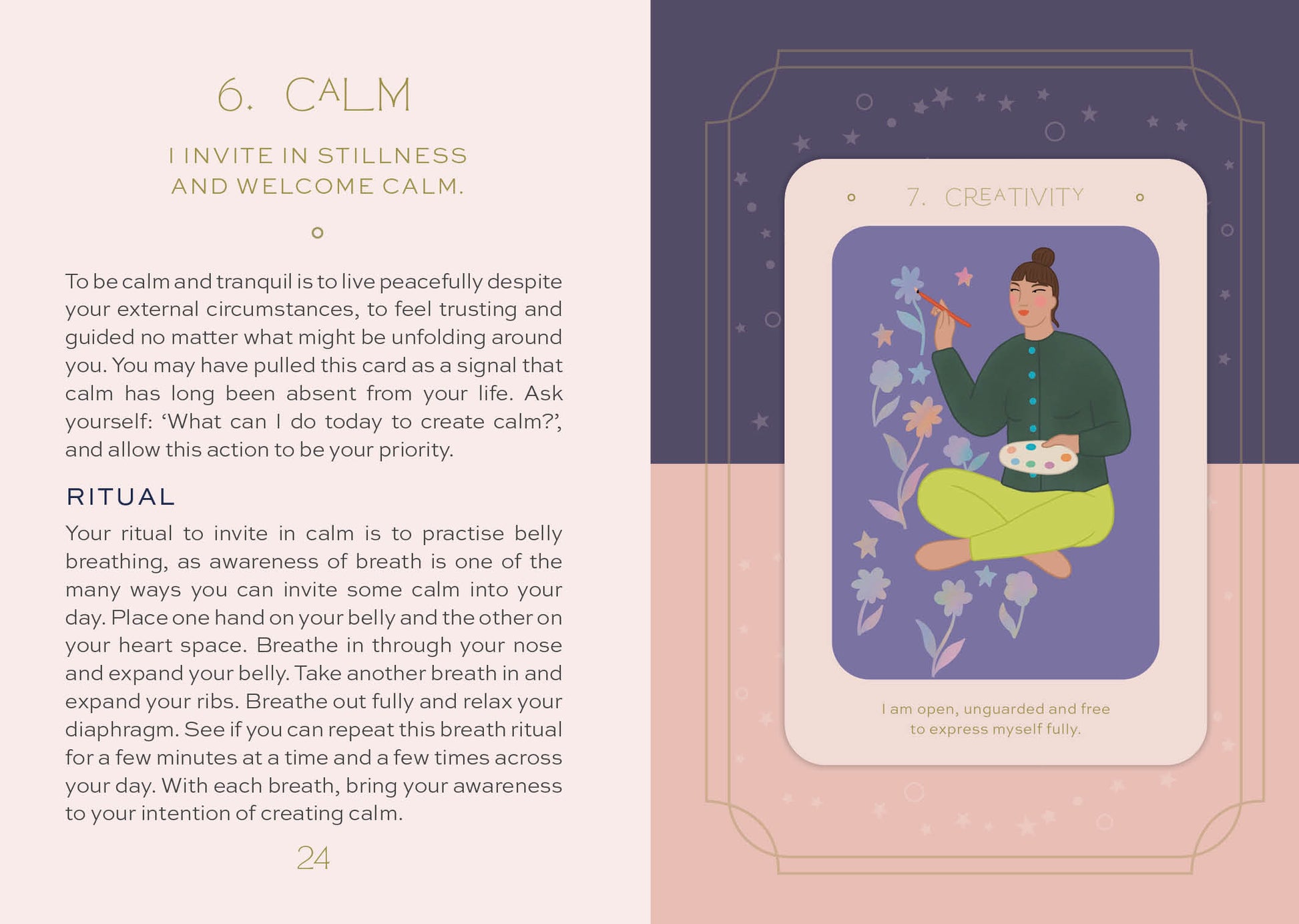 Illustration of a person meditating with text on a card, surrounded by nature elements.