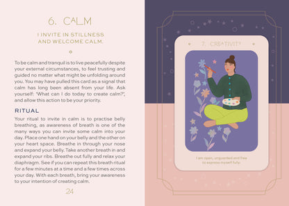 Illustration of a person meditating with text on a card, surrounded by nature elements.
