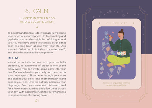 Illustration of a person meditating with text on a card, surrounded by nature elements.