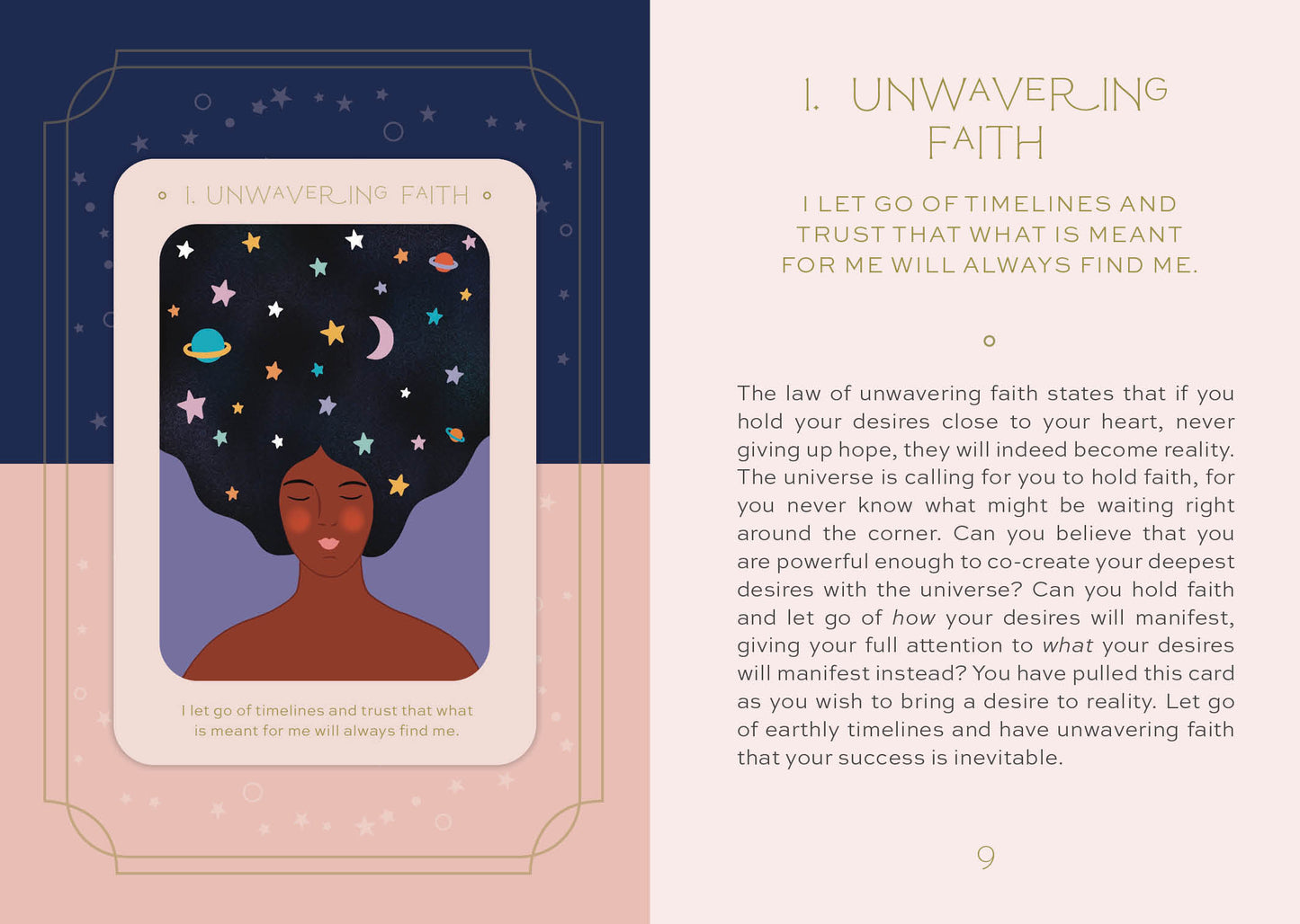 Card with a woman's face and stars on her head, surrounded by text about unwavering faith.