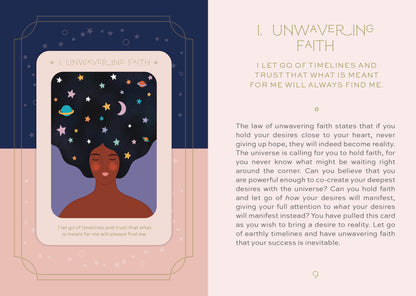 Card with a woman's face and stars on her head, surrounded by text about unwavering faith.