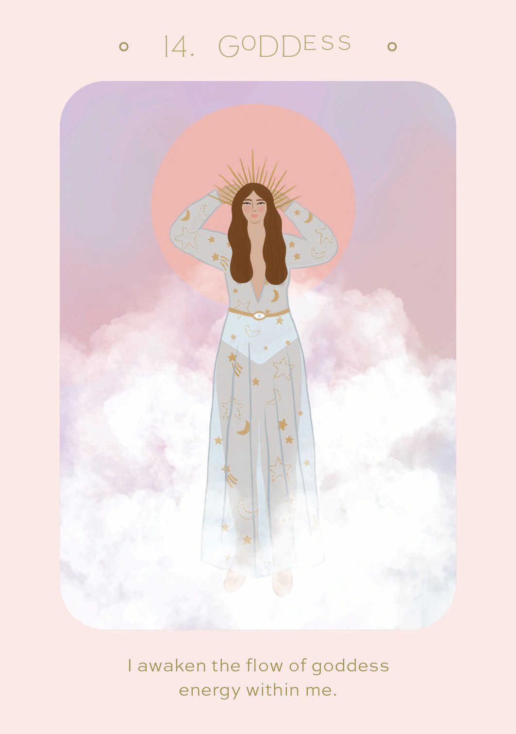 Illustration of a woman in a long, light-colored dress with stars on a pink and purple background.