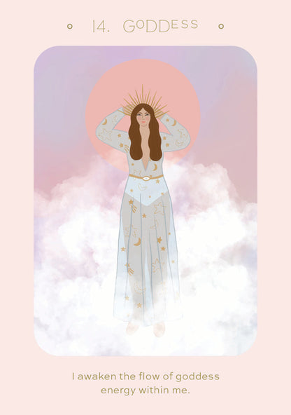 Illustration of a woman in a long, light-colored dress with stars on a pink and purple background.