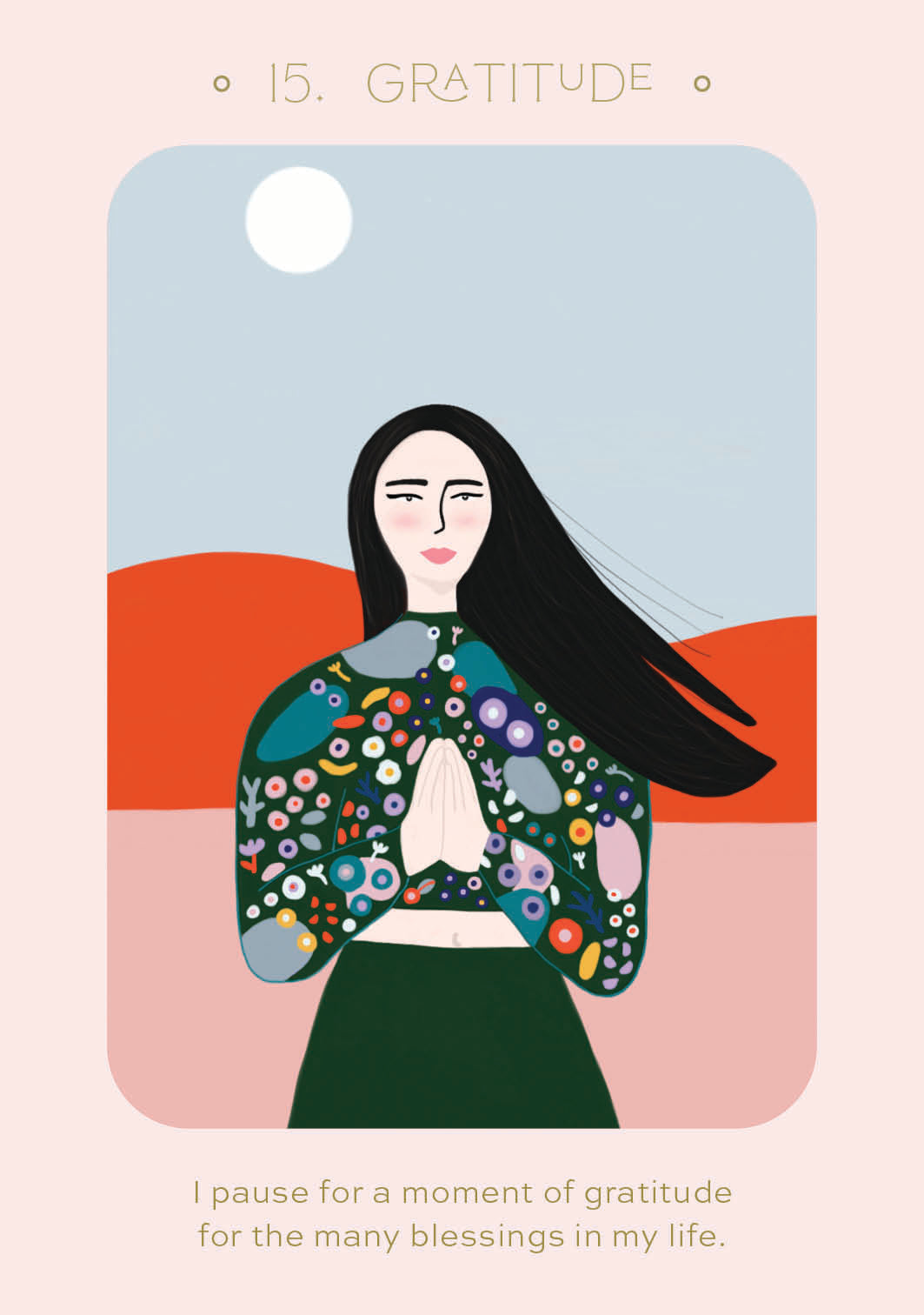 Illustration of a woman wearing a floral jacket with a scenic background and text about gratitude.