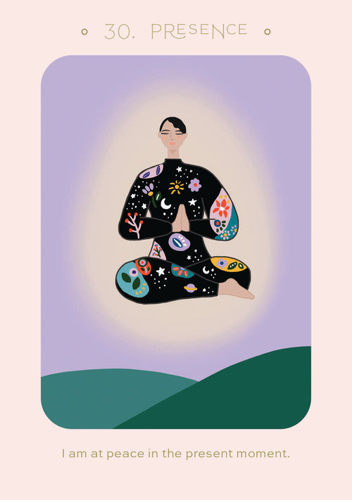 Illustration of a person in a meditative pose with colorful patterns, set against a pastel background.