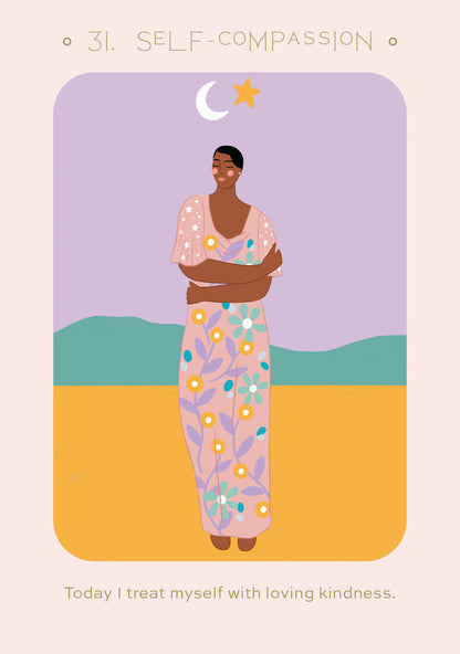 Illustration of a person with arms crossed against a purple sky with a star, green mountains, and yellow ground.