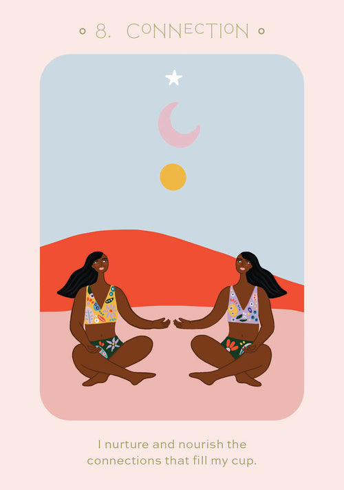 connection oracle card with vibrant illustration of two women  and text about connecting.