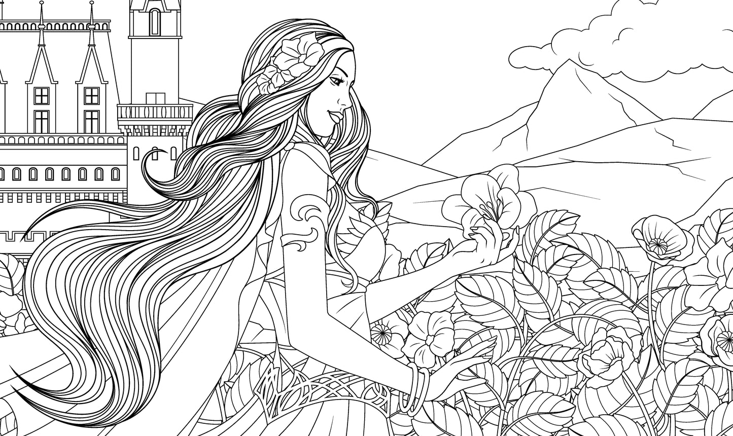 Coloring book page with a princess in a garden and castle in the background