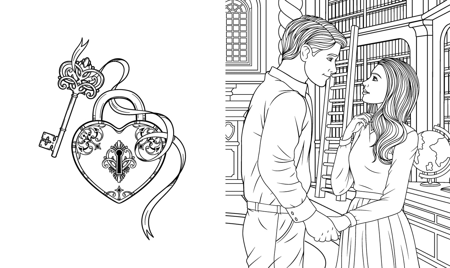 Line drawing of a couple holding hands with a heart-shaped lock and key on a white background