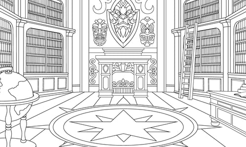 Line drawing of a grand library interior with bookshelves, a fireplace, and decorative elements.