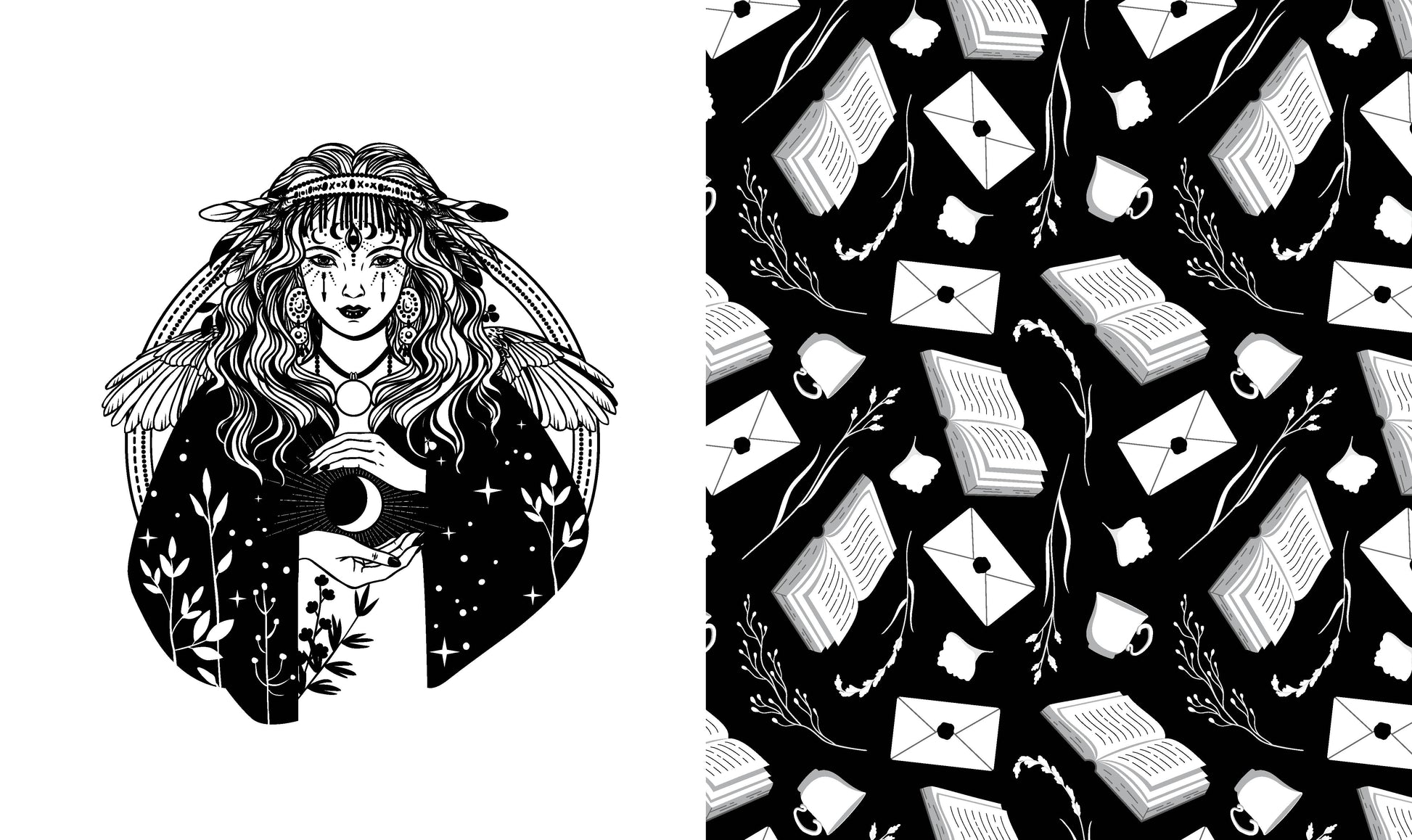 Black and white illustration of a woman with a moon symbol, surrounded by books and envelopes on a black background.