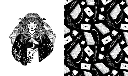 Black and white illustration of a woman with a moon symbol, surrounded by books and envelopes on a black background.