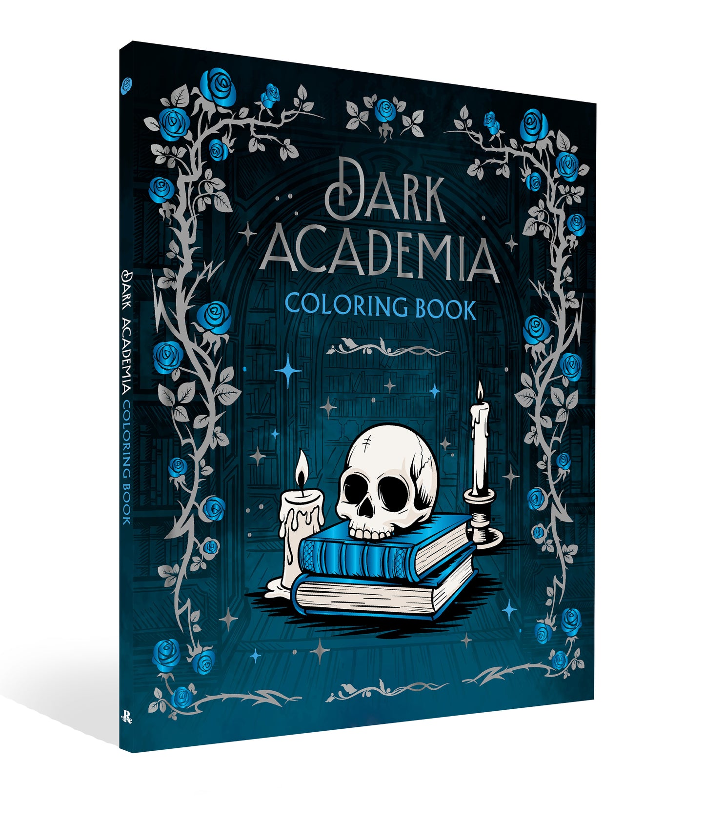 Dark Academia coloring book with skull, candles, and books design on a blue background