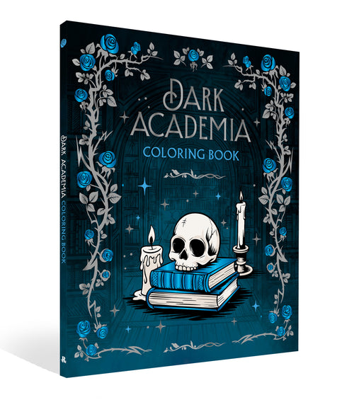 Dark Academia coloring book with skull, candles, and books design on a blue background