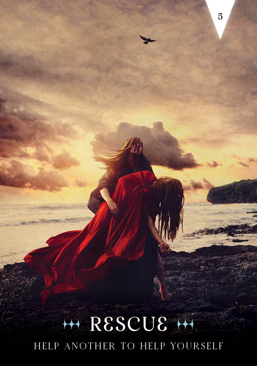 Two people on a beach with one person in a red dress, titled 'Rescue: Help Another to Help Yourself'.