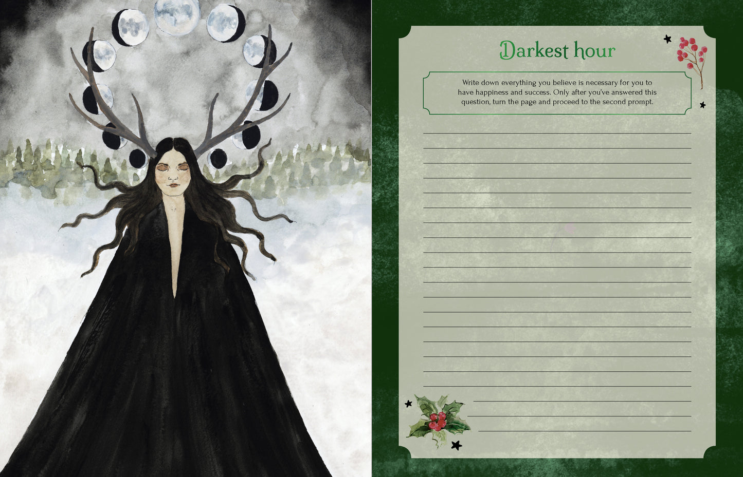 Woman with deer antlers and a black cloak on a snowy background, next to a letterhead titled 'Darkest Hour'.