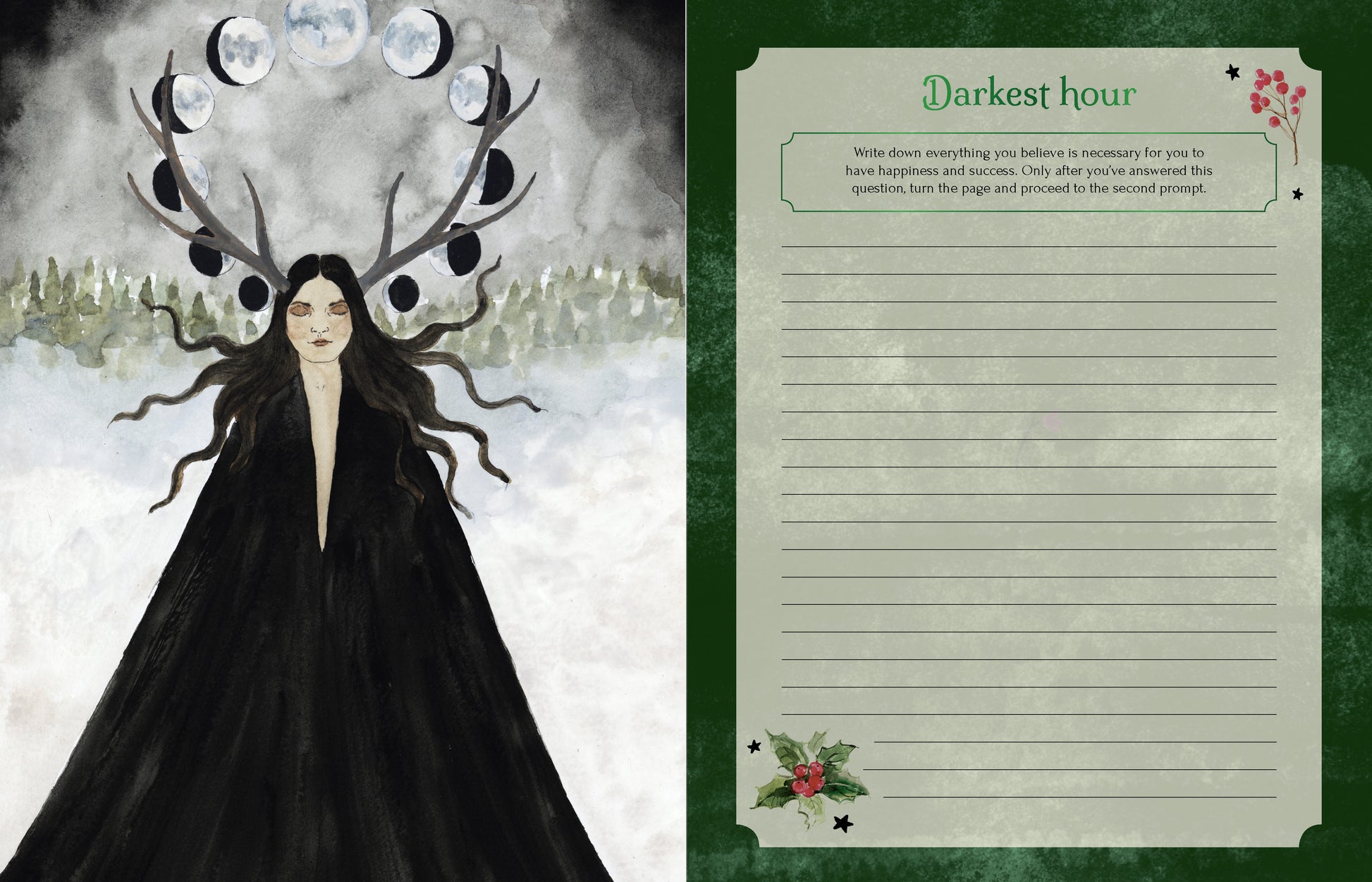 Woman with deer antlers and a black cloak on a snowy background, next to a letterhead titled 'Darkest Hour'.