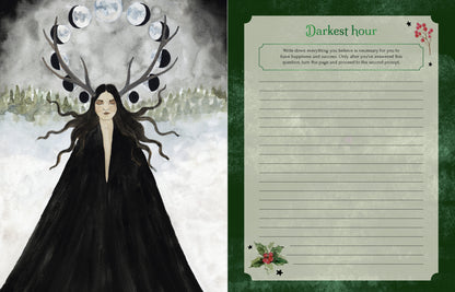 Woman with deer antlers and a black cloak on a snowy background, next to a letterhead titled 'Darkest Hour'.