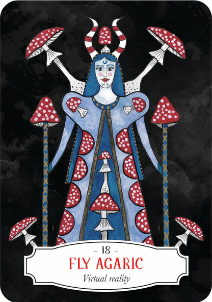 Card featuring a character with blue hair and red polka dot mushrooms on a dark background