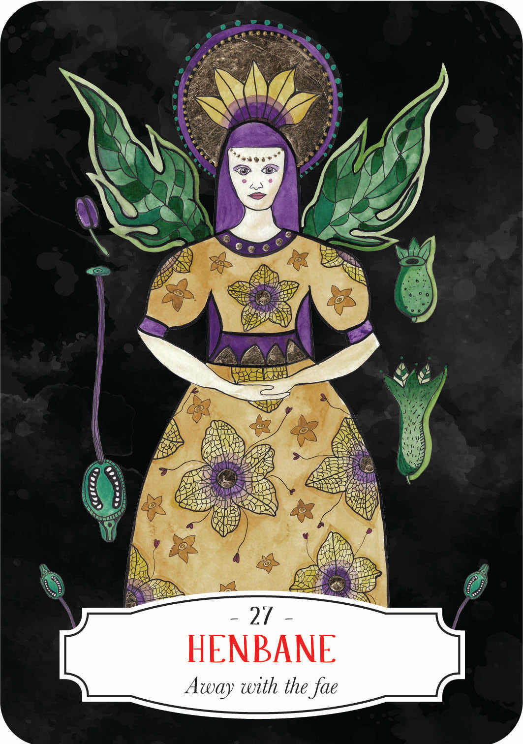 Card featuring a figure with floral elements and text '27 Henbane Away with the Fae' on a dark background