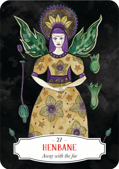 Card featuring a figure with floral elements and text '27 Henbane Away with the Fae' on a dark background