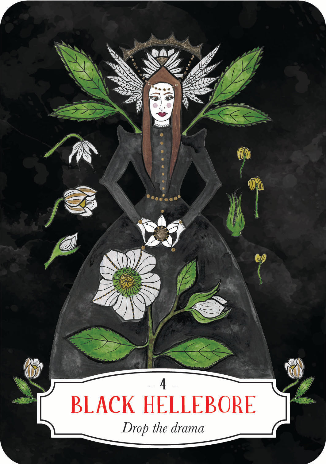 Card featuring a figure with wings and floral elements on a dark background, labeled 'Black Hellebore'.