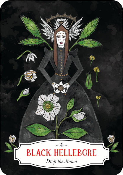 Card featuring a figure with wings and floral elements on a dark background, labeled 'Black Hellebore'.