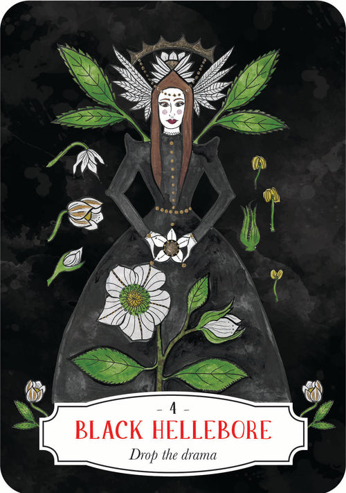 Card featuring a figure with wings and floral elements on a dark background, labeled 'Black Hellebore'.