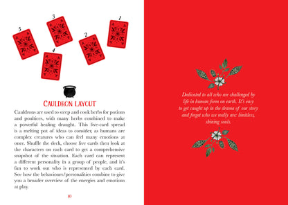 Page from a book with red cards and text on a red background