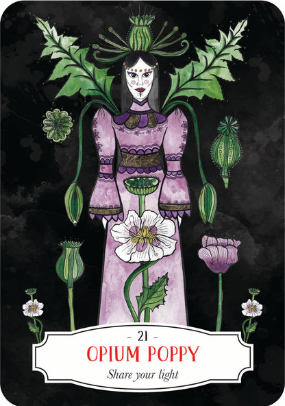 Card featuring a figure in a purple outfit with opium poppies and green leaves on a dark background.
