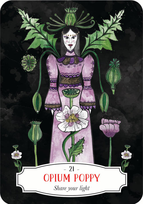 Card featuring a figure in a purple outfit with opium poppies and green leaves on a dark background.