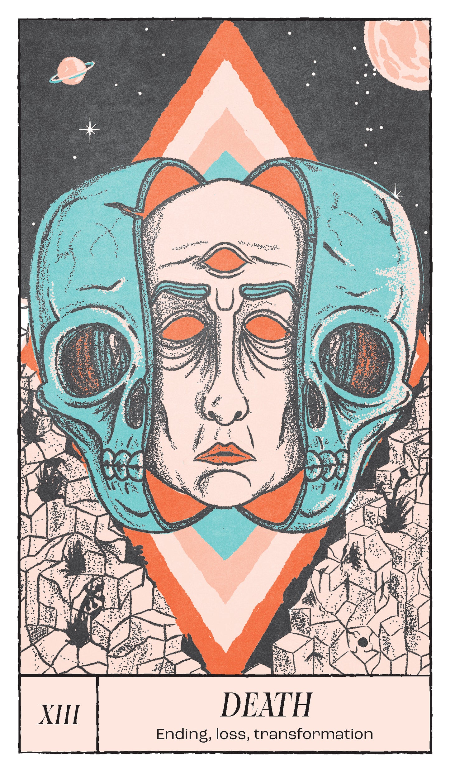 Card with a stylized face and geometric design, labeled 'Death', on a dark background.
