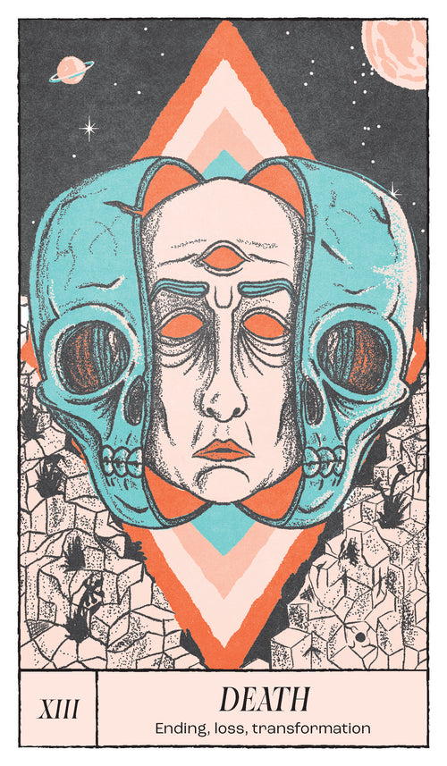 Card with a stylized face and geometric design, labeled 'Death', on a dark background.