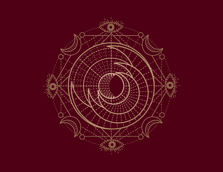 Decorative circular design with geometric shapes on a dark red background