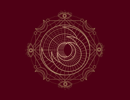 Decorative circular design with geometric shapes on a dark red background