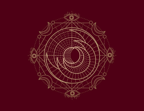 Decorative circular design with geometric shapes on a dark red background