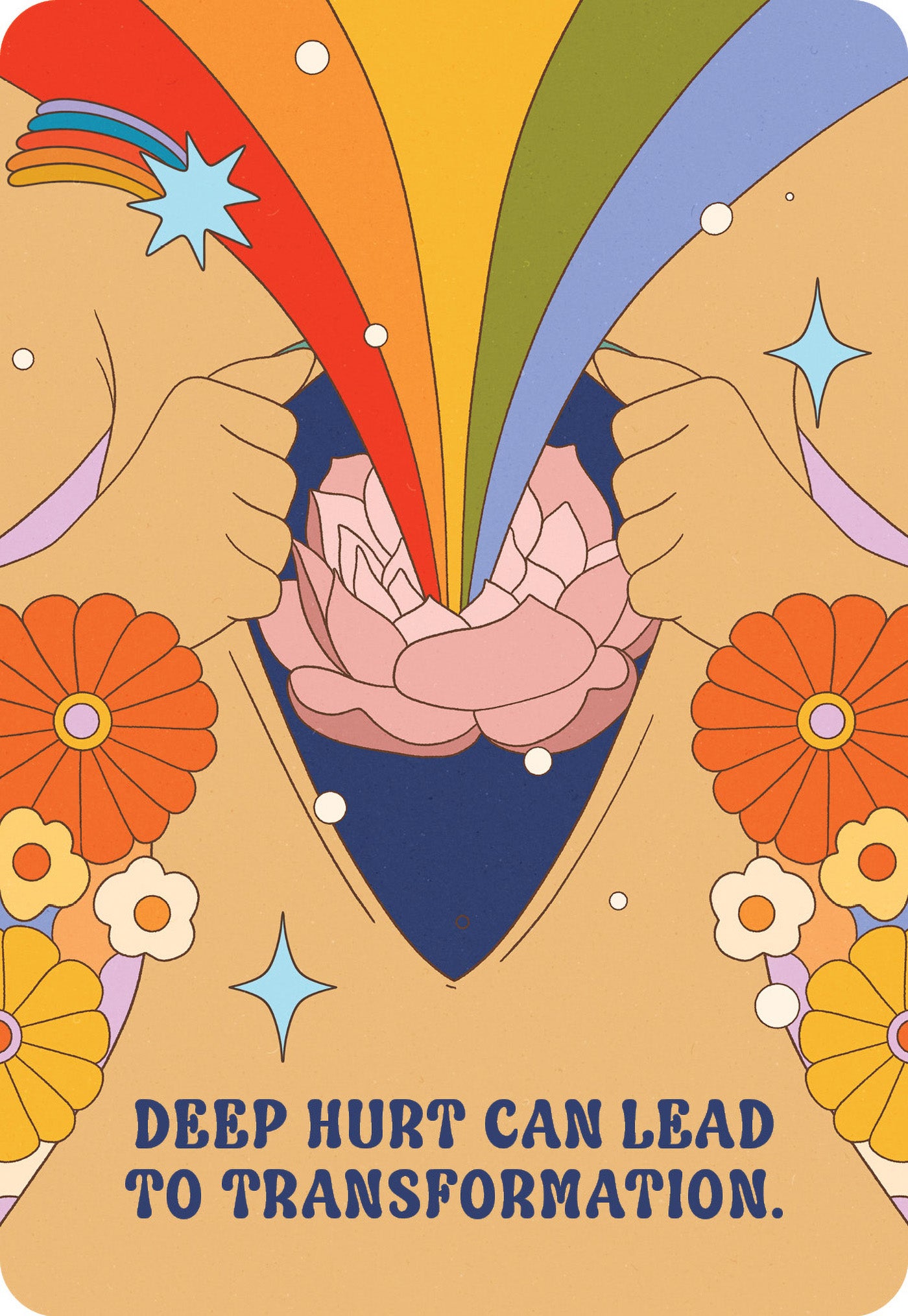 Colorful illustration with hands holding a brain, flowers, and text 'Deep hurt can lead to transformation' on a beige background.
