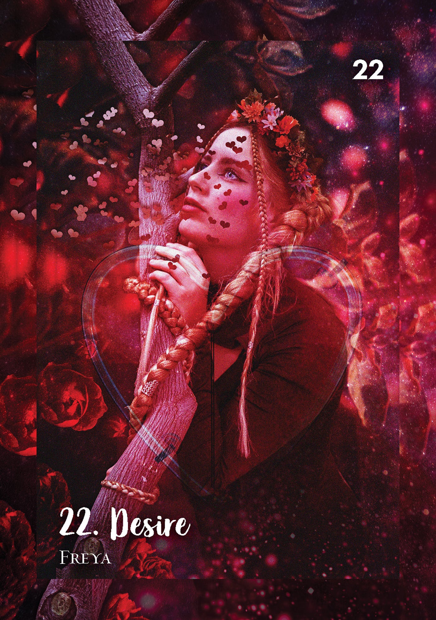 Tarot card featuring a figure with braided hair and a bow, surrounded by red and black elements.
