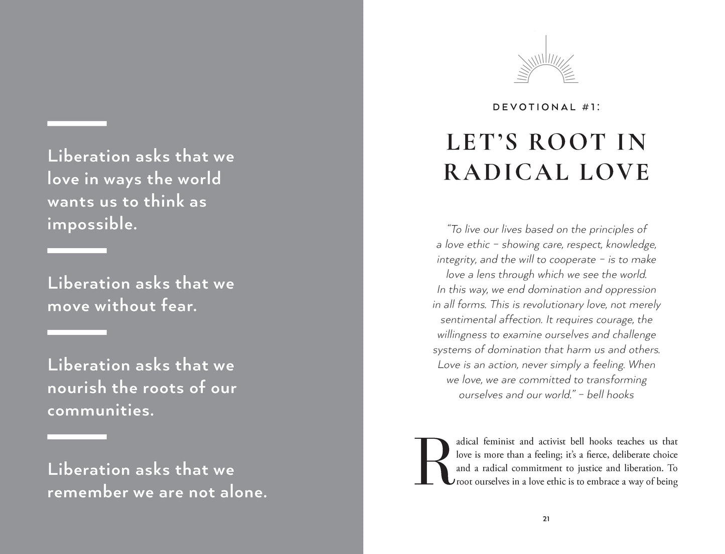 Devotional page with text on radical love and liberation on a gray and white background.