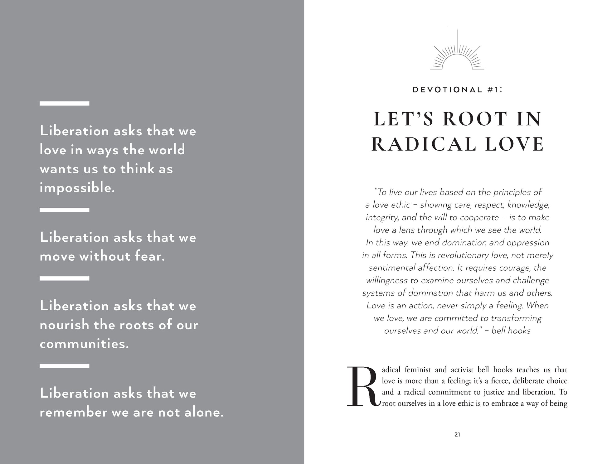 Devotional page with text on radical love and liberation on a gray and white background.