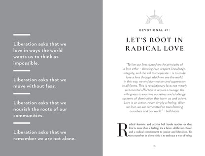 Devotional page with text on radical love and liberation on a gray and white background.
