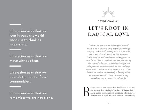 Devotional page with text on radical love and liberation on a gray and white background.