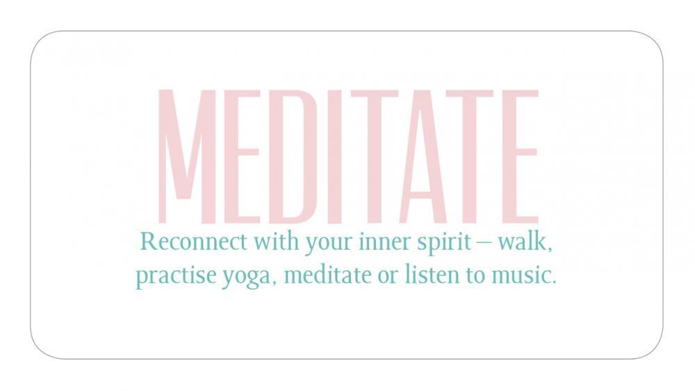 Text 'MEDITATE' with a call to action to reconnect with your inner spirit on a light gray background.